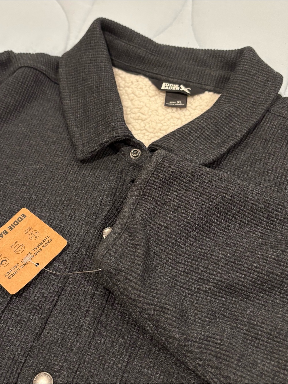 Eddie Bauer Men's XL Thermal Shirt Jacket Faux Shearling Lined Waffle Knit Charc